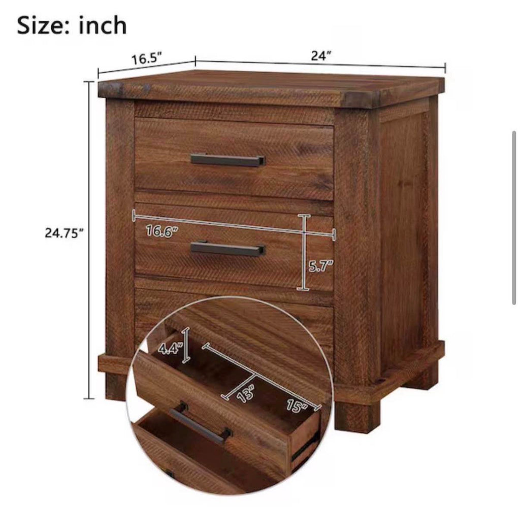 Rustic 3-Drawer Reclaimed Solid Wood Farmhouse Nightstand Set of 2