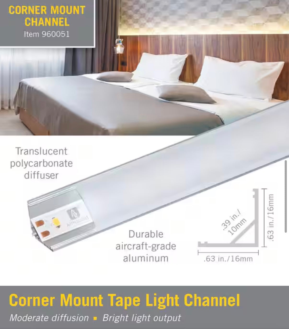 Corner Mount Tape Light Channel Silver 5-Pack