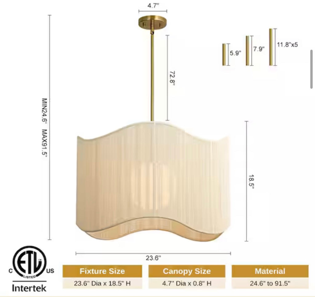 Haven 1-Light 23.6 in.W Brass Wavy Edge Fabric Drum Pendant Light