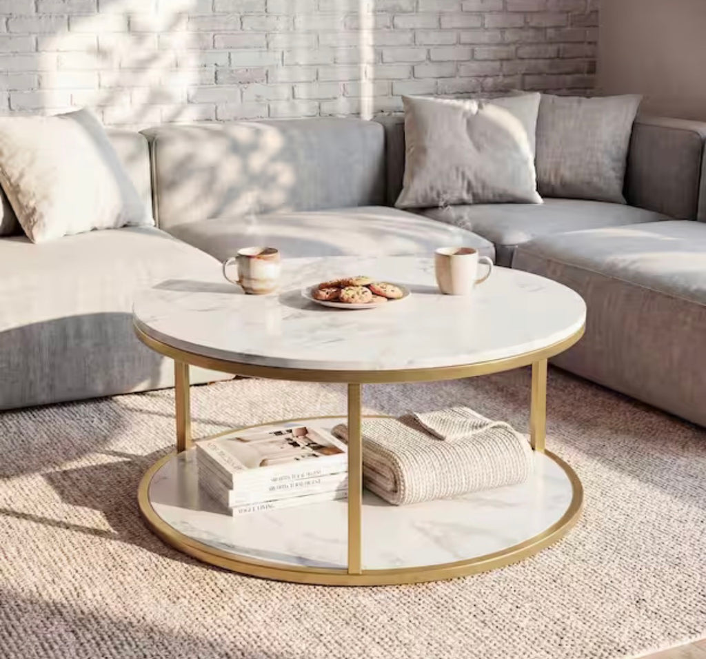 36 in. Black/White/Brown Round Wood Coffee Table with 2-Tier