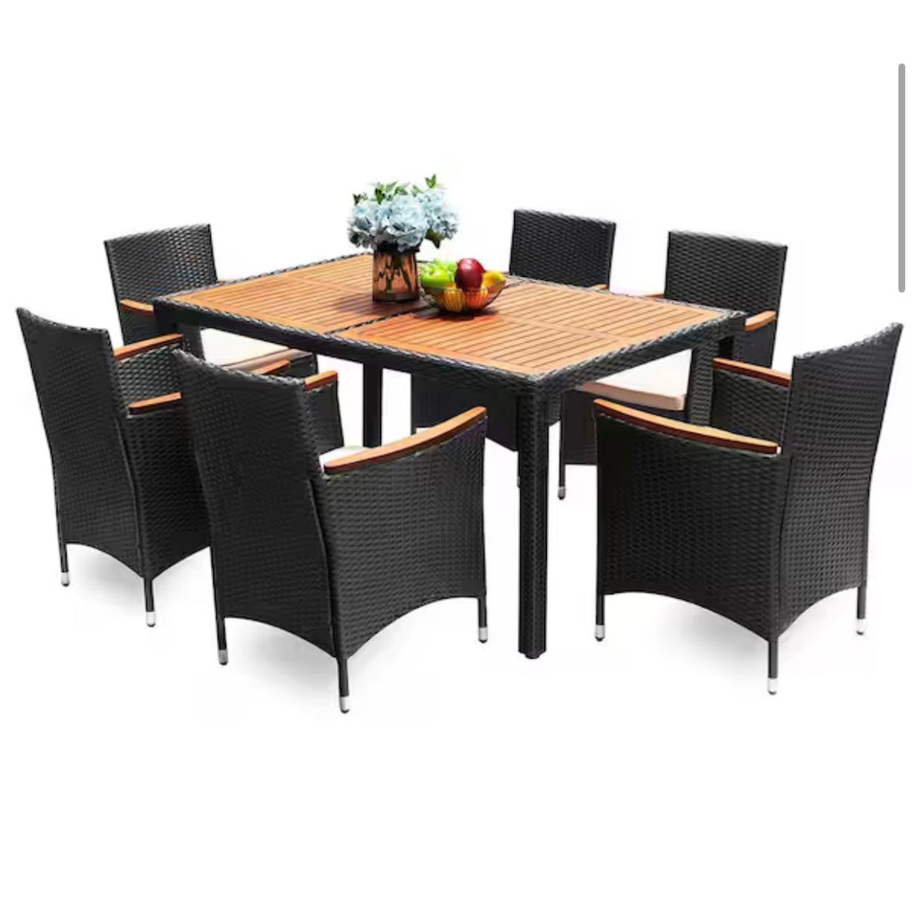 7-Piece Wicker Outdoor Dining Set with Wood Top