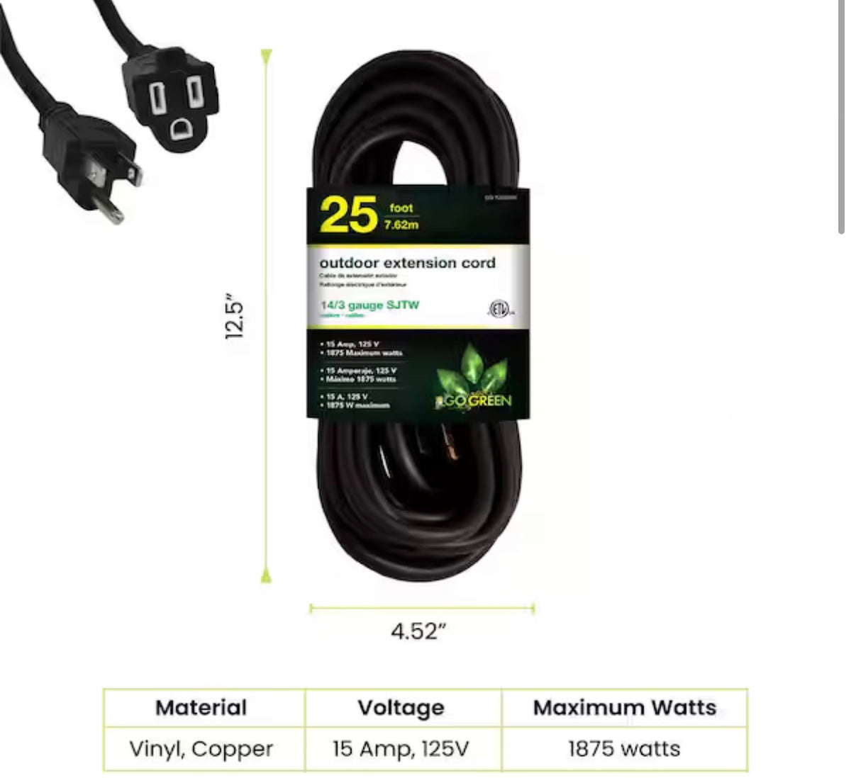 25 ft. 14/3 SJTW Outdoor Extension Cord, Black