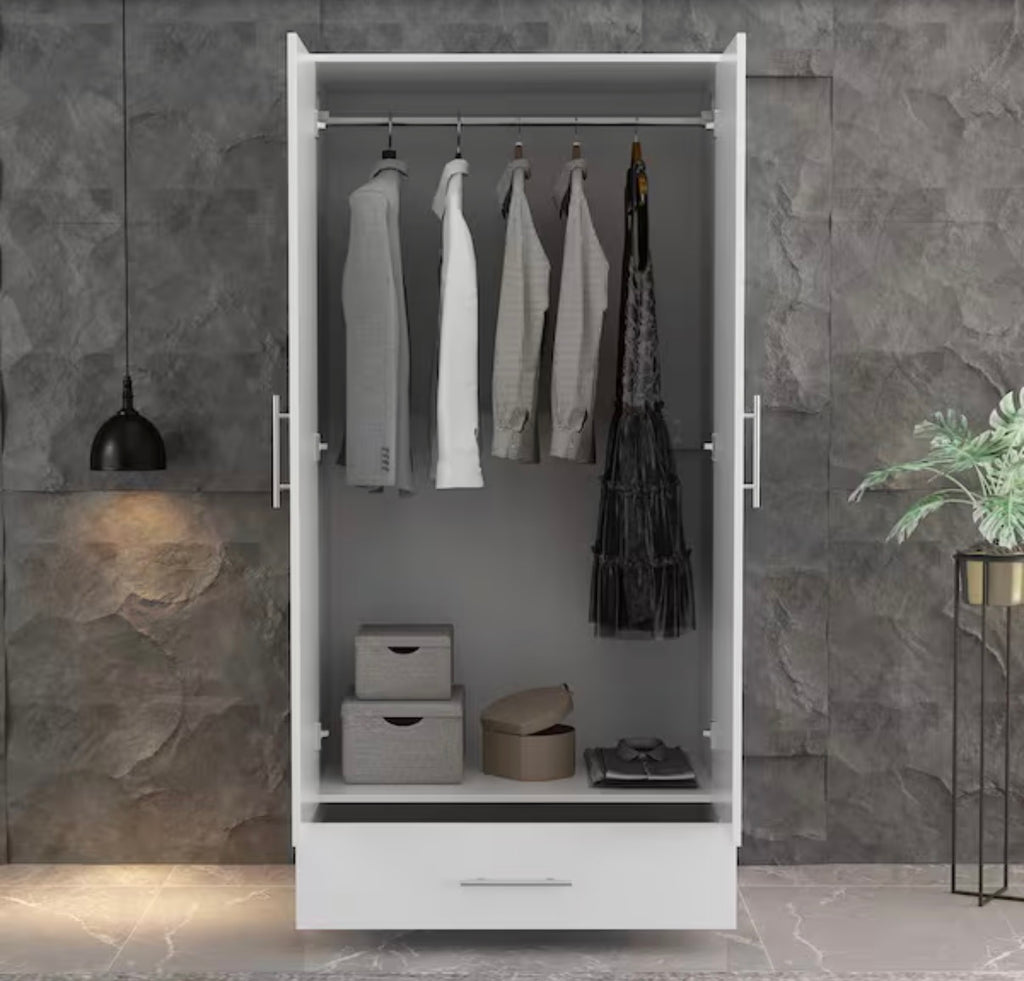 White 2-Door Wardrobe Armoire with 1-Drawers and Hanging Rod