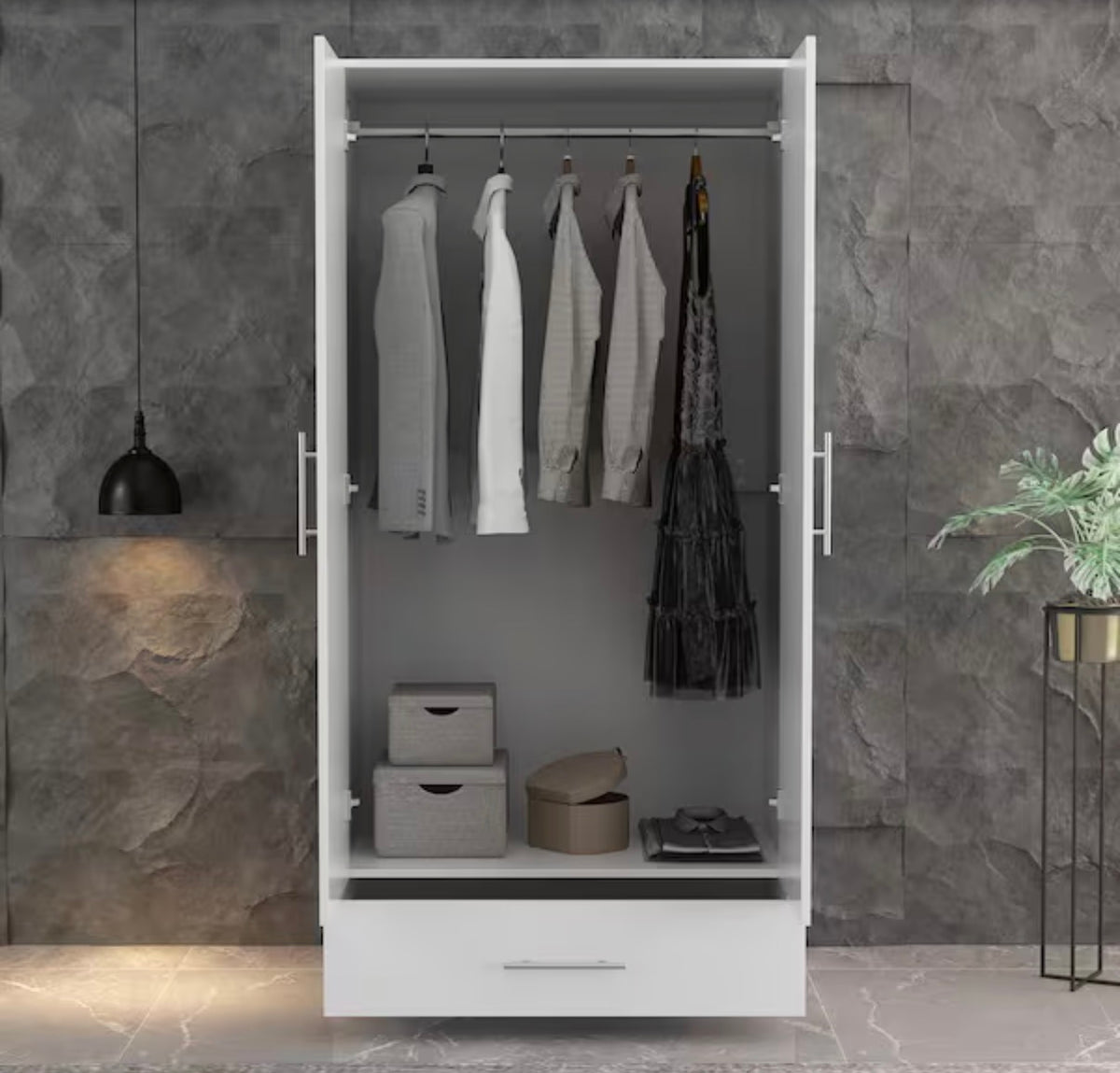 White 2-Door Wardrobe Armoire with 1-Drawers and Hanging Rod