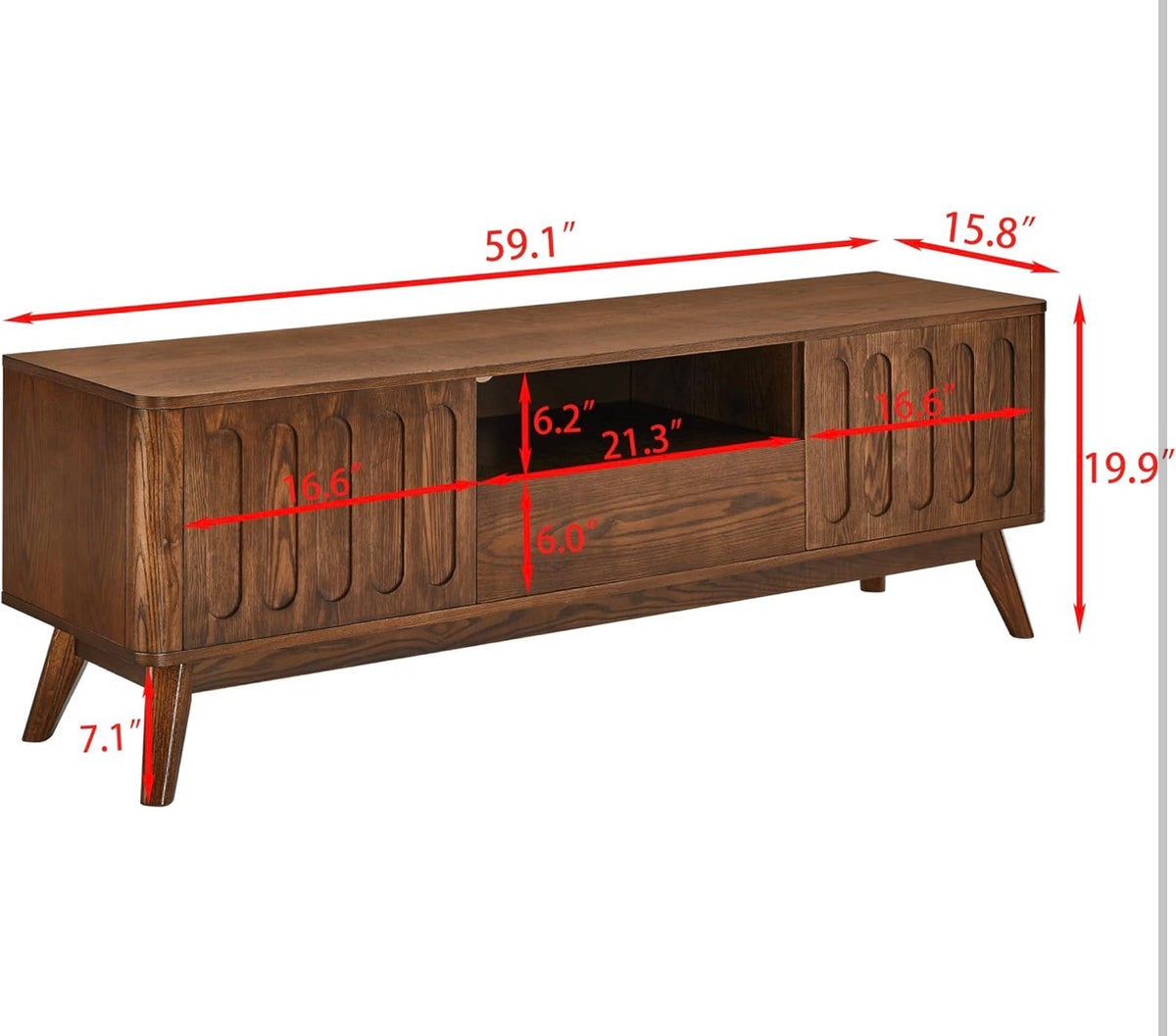 Mid Century Modern TV Stand Fluted Design with Storage Cabinet and Drawer