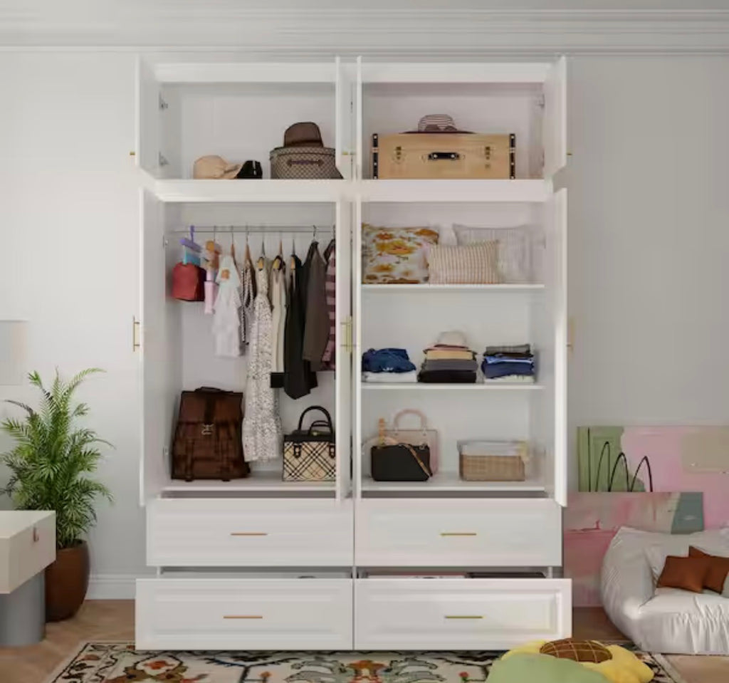White 8-Door Big Wardrobe Armoires with Hanging Rod