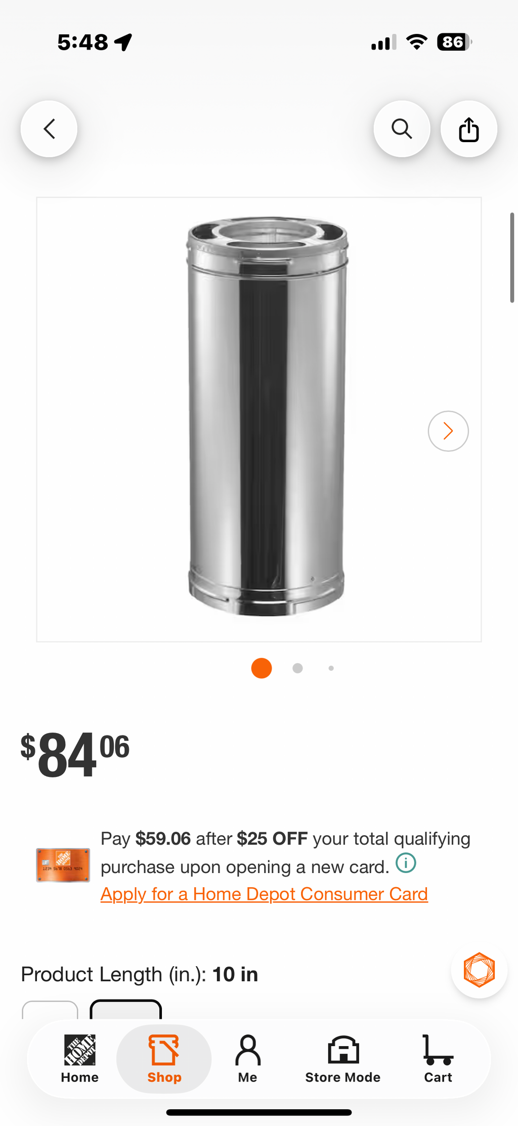6in. X 12in. Diameter Chimney Pipe, Stainless Steel