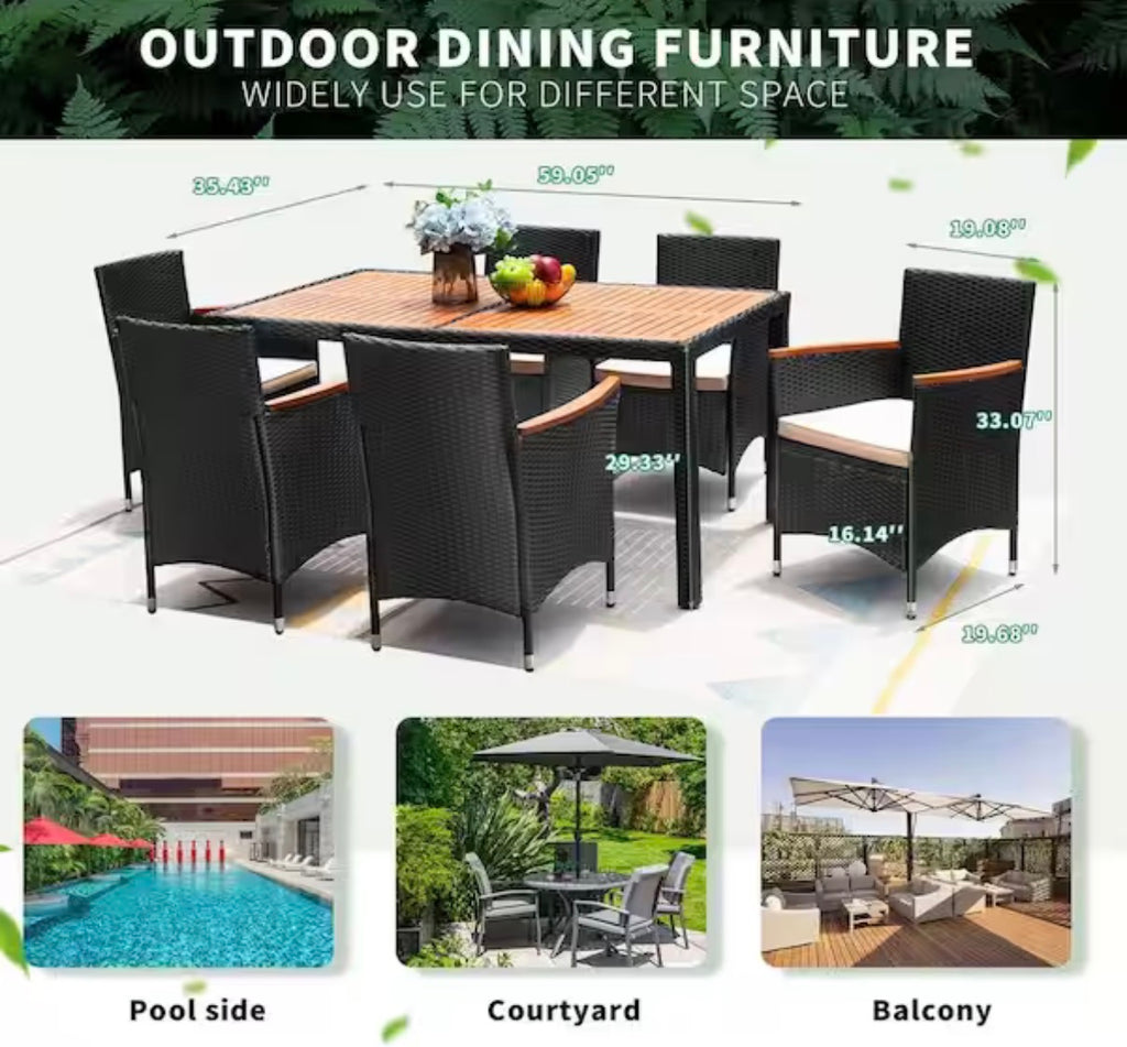 7-Piece Wicker Outdoor Dining Set with Wood Top