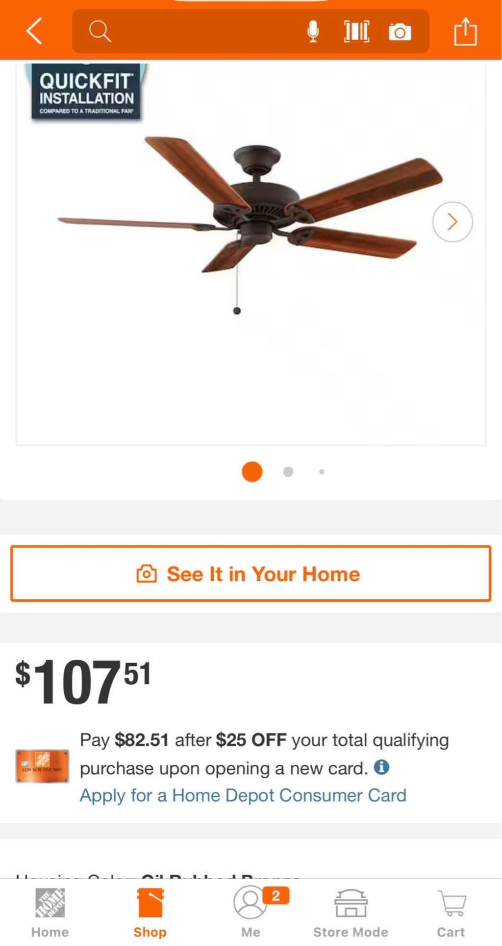 52 in. Indoor Oil Rubbed Bronze Ceiling Fan.