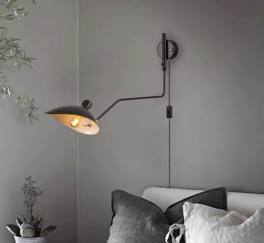 Modern 9.8 in. 1-Light Plug in Wall Sconces with Black Swing Arm Shade