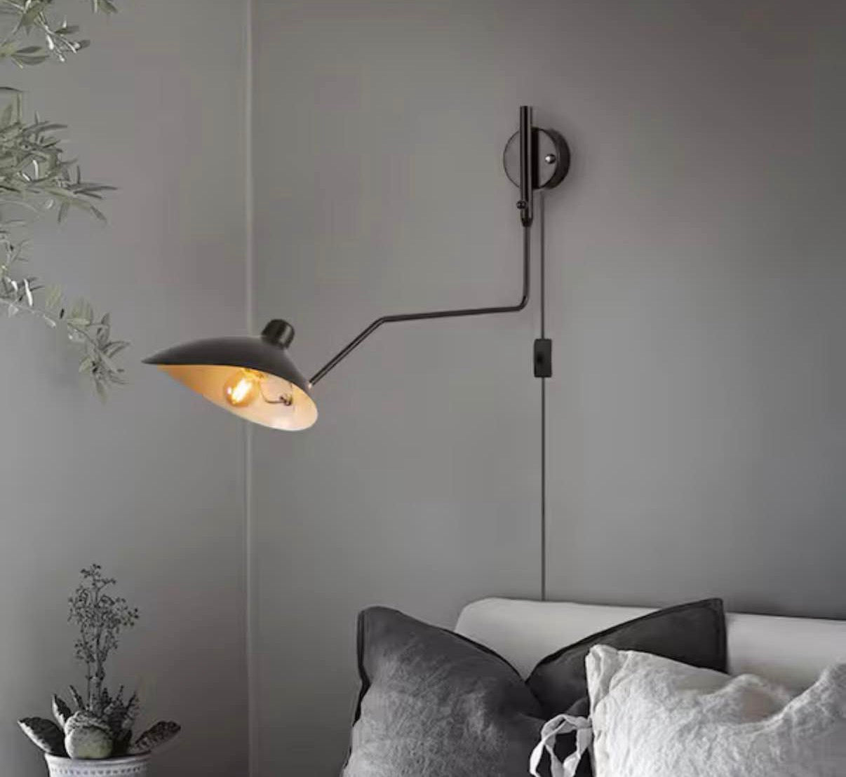 Modern 9.8 in. 1-Light Plug in Wall Sconces with Black Swing Arm Shade