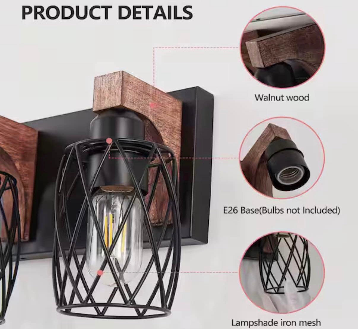 3-Light Black and Walnut Cage Vanity Light