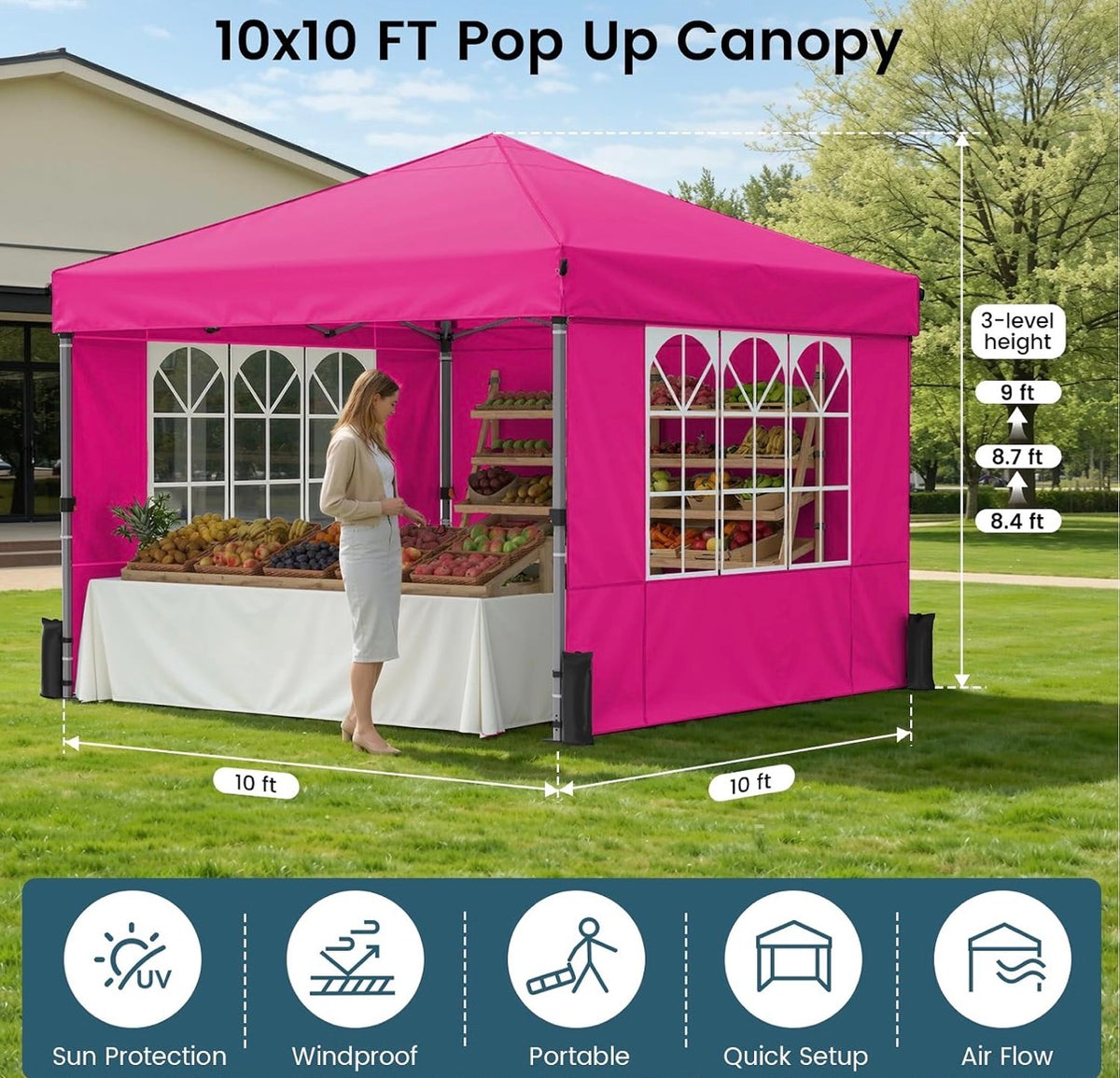 10x10ft Pop Up Canopy Tent Pink with Sidewalls