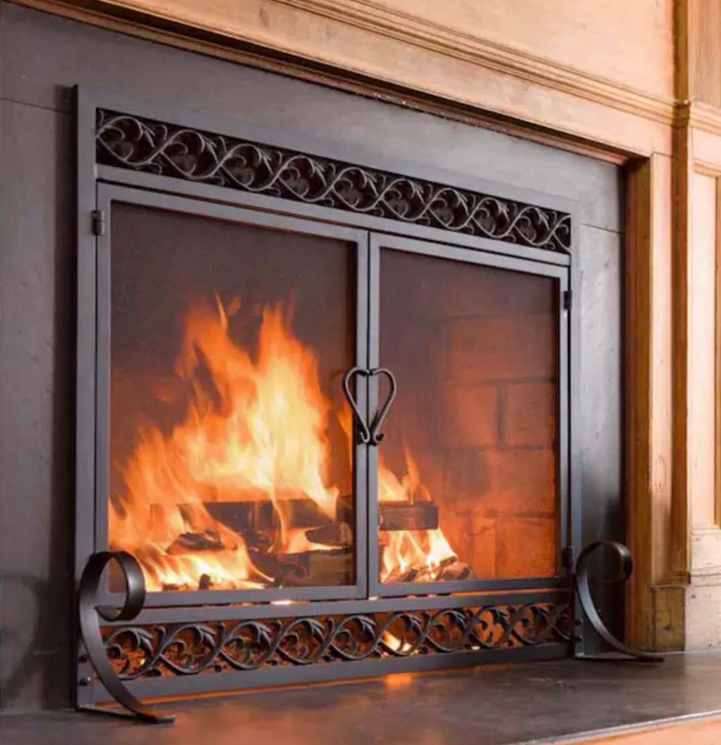 38" x 31" Cast Iron Scrollwork Fire Screen With Doors - Black