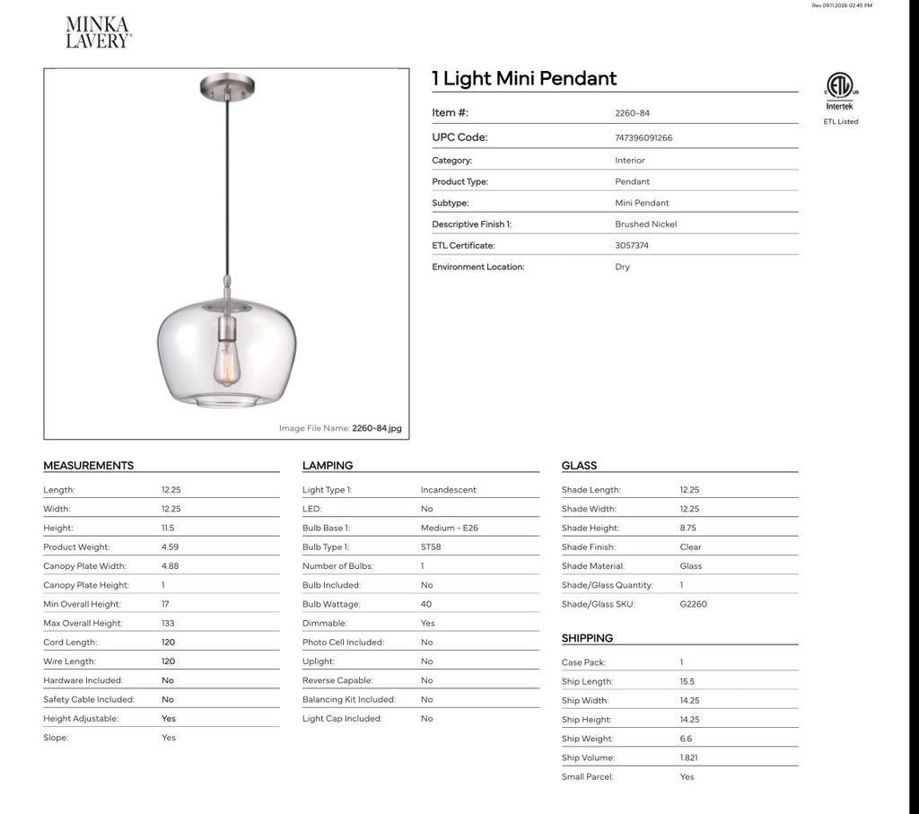 1 Light Mini Pendant in Brushed Nickel Finish with Clear Glass