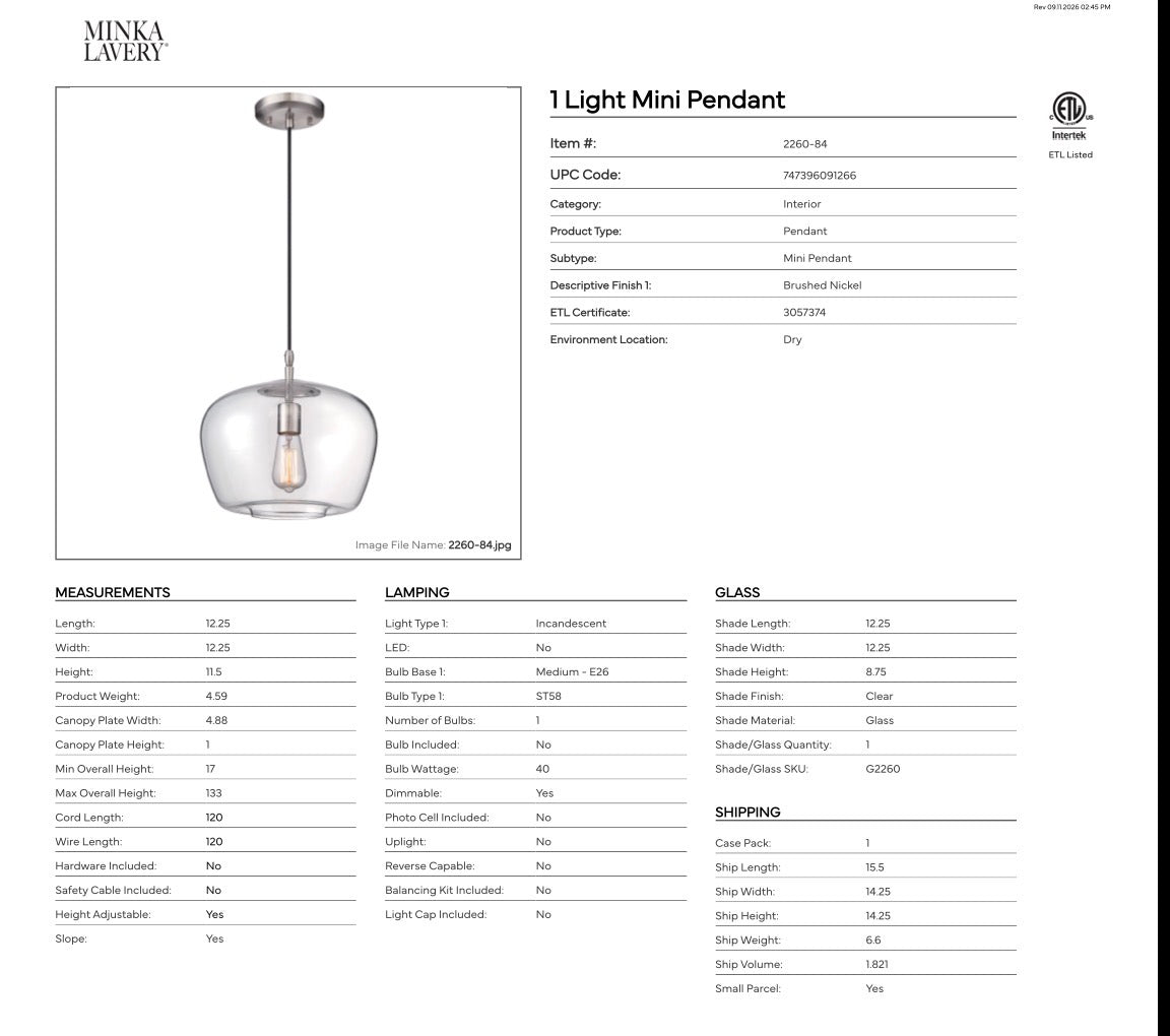 1 Light Mini Pendant in Brushed Nickel Finish with Clear Glass