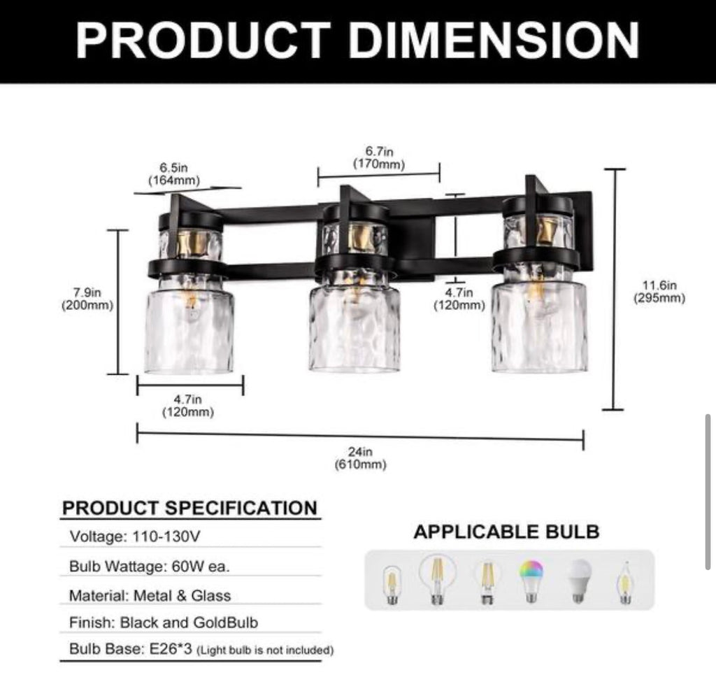 3-Light Black and Gold Industrial Vanity Light