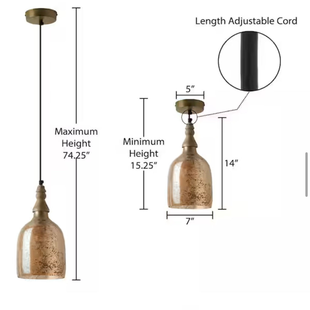 1-Light Bell-Shaped Glass Shade Pendant Lamp with Mango Wood Accent