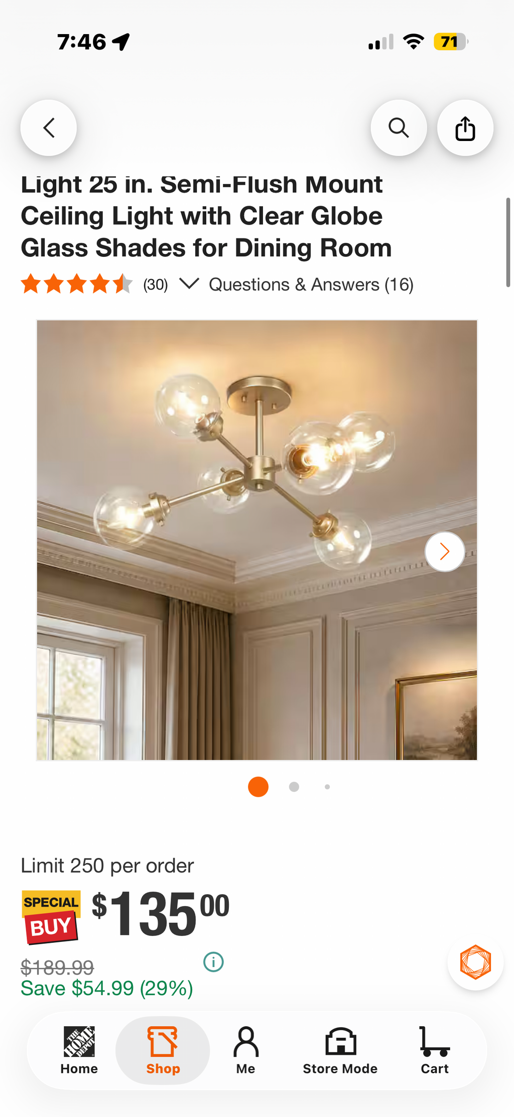 Modern Gold Sputnik 6-Light Semi-Flush Mount Ceiling Light
