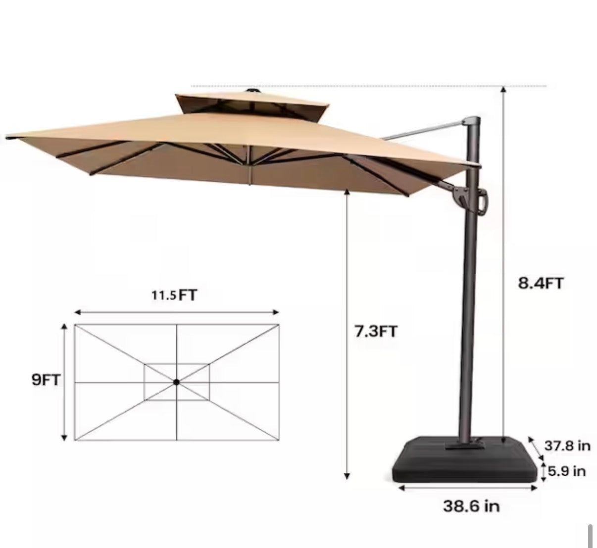 11.5 ft. x 9 ft. Double Top 360° Rotation Cantilever Patio Umbrella