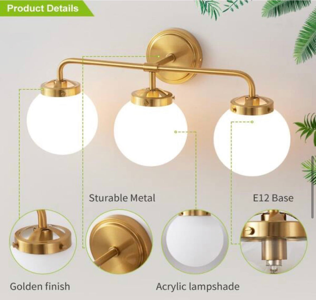 3-Light Gold Bathroom Vanity Light with Opal Glass Shades