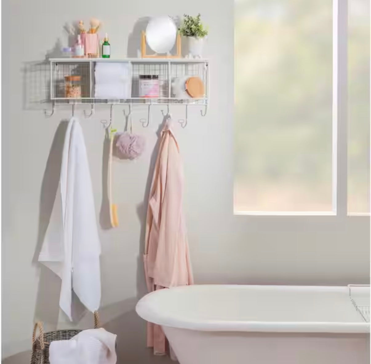Decorah White Metal 4-Cubby Wall Shelf with 9 Hooks