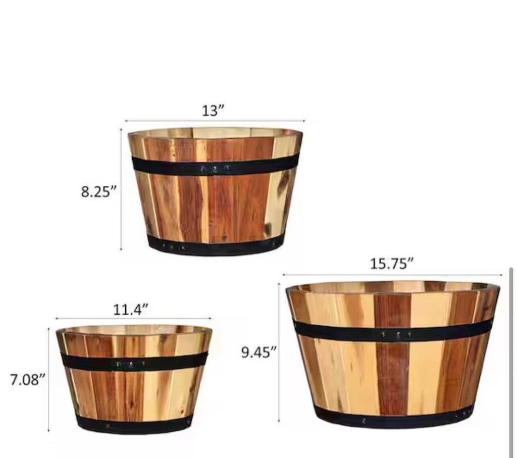 Acacia Wood Barrel Planters (Set of 3)