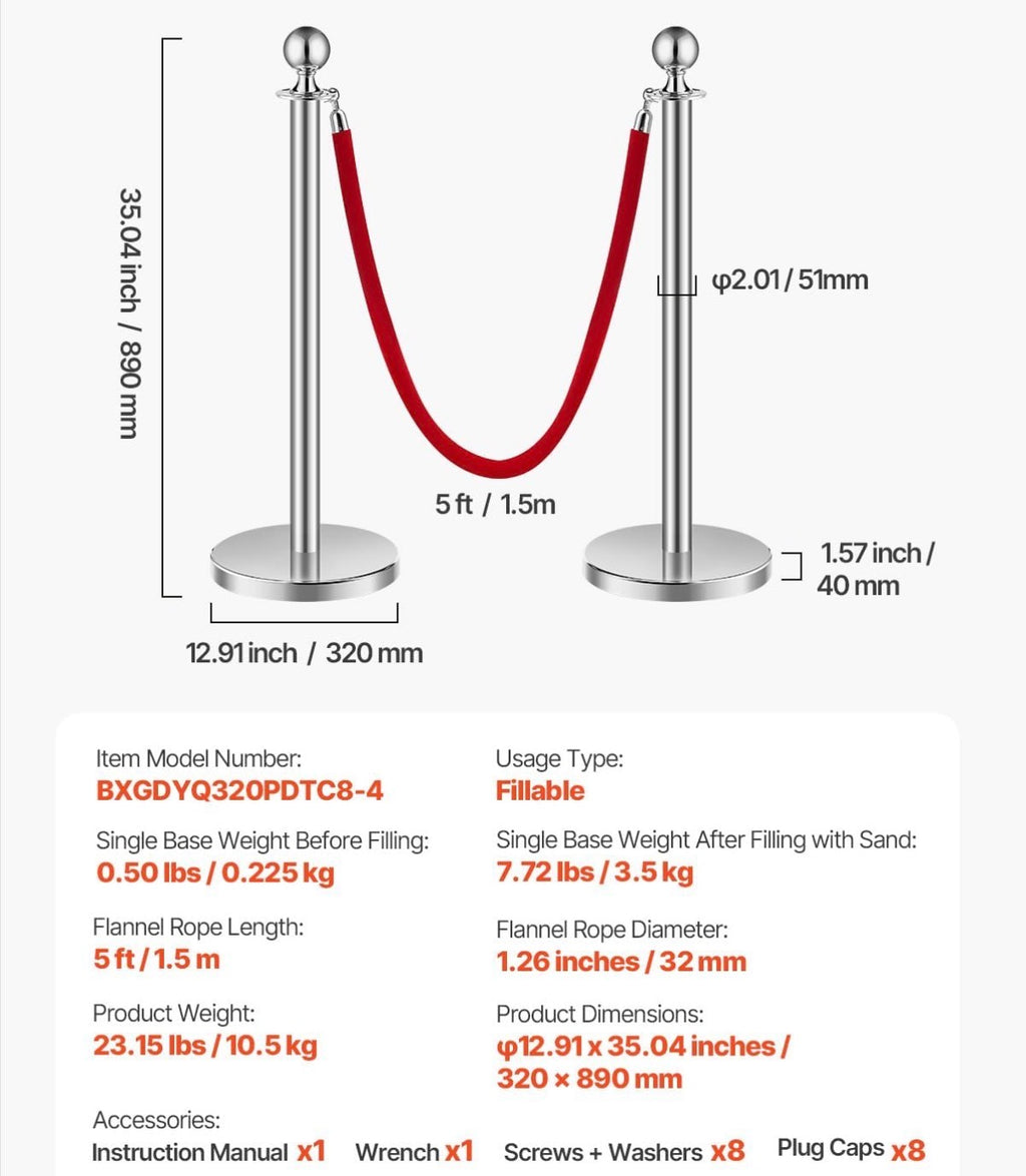 Crowd Control Stanchions and Velvet Ropes 8Pcs