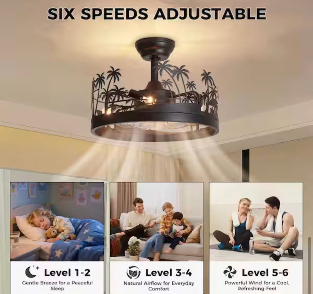 Tropical Palm Tree Cage Downrod Mount Ceiling Fan with Light