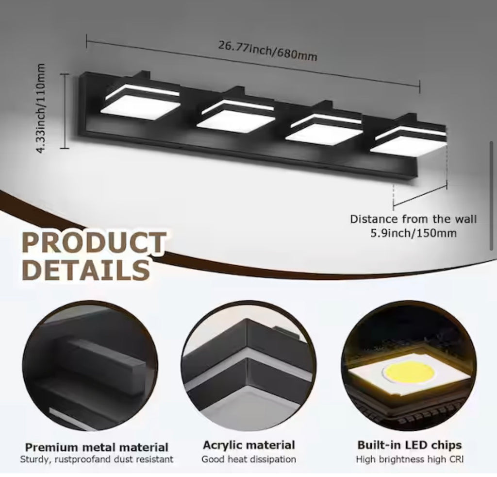 4-Light Black LED Bathroom Vanity Light