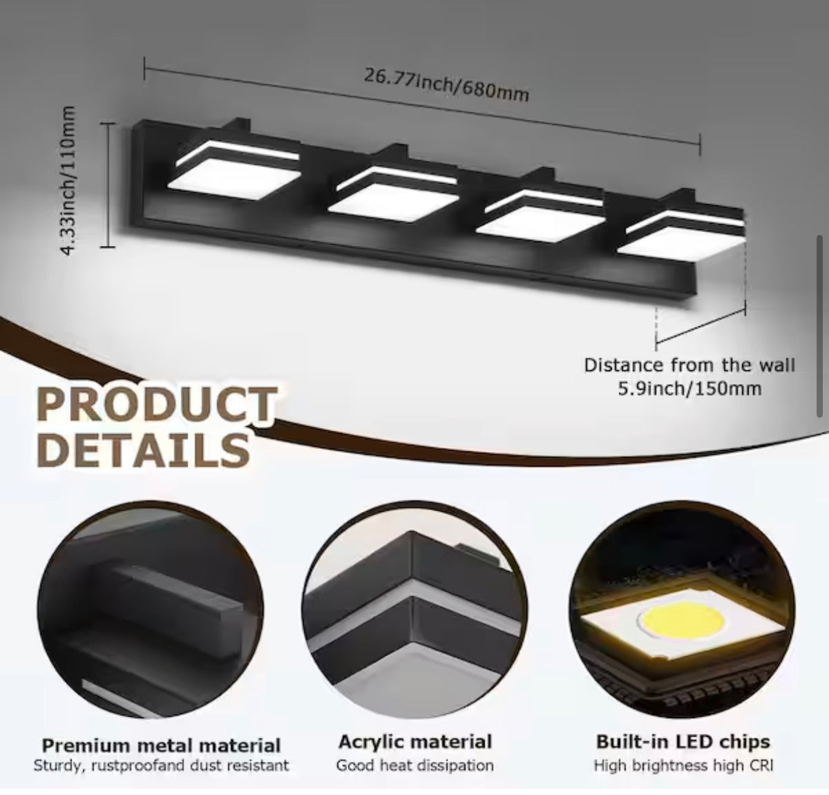 4-Light Black LED Bathroom Vanity Light