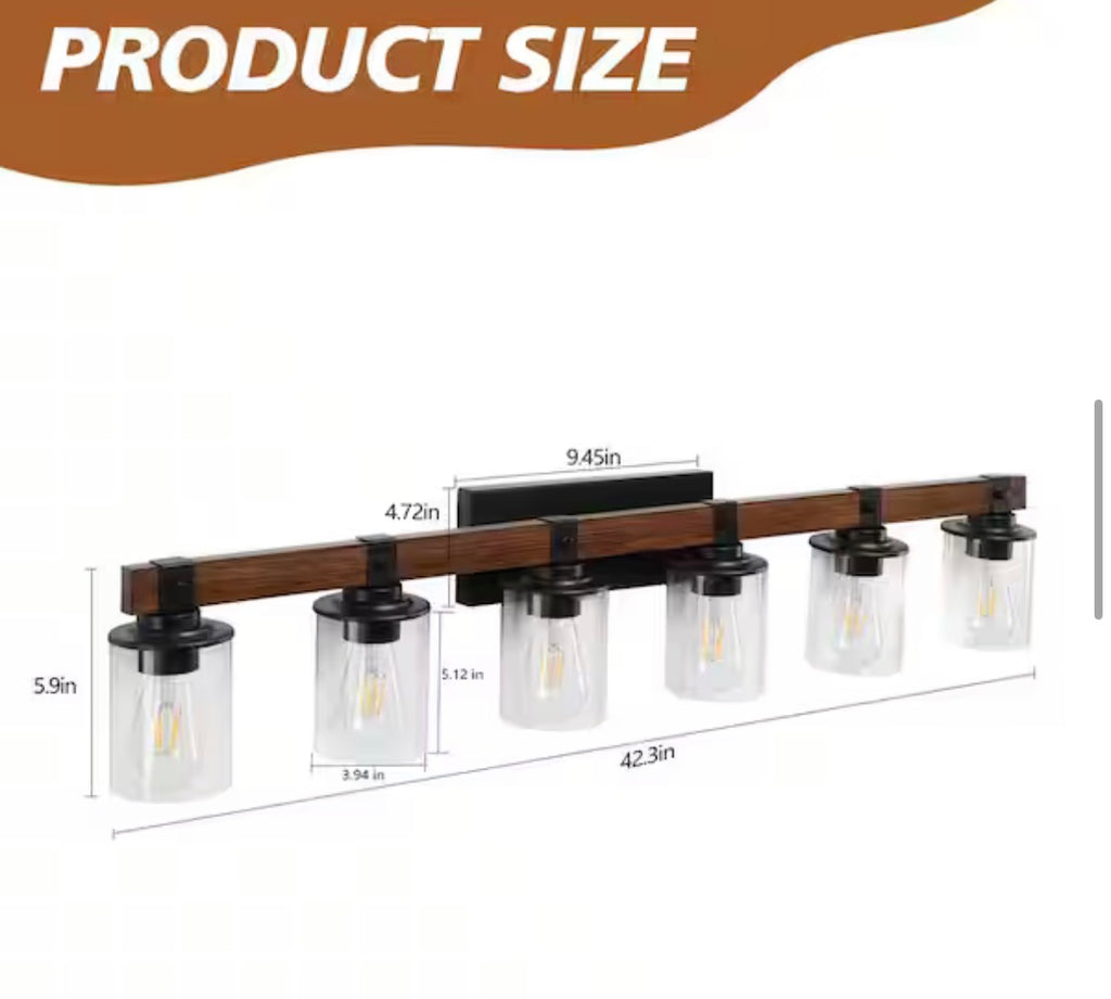 6-Light Walnut and Black Bathroom Vanity Light