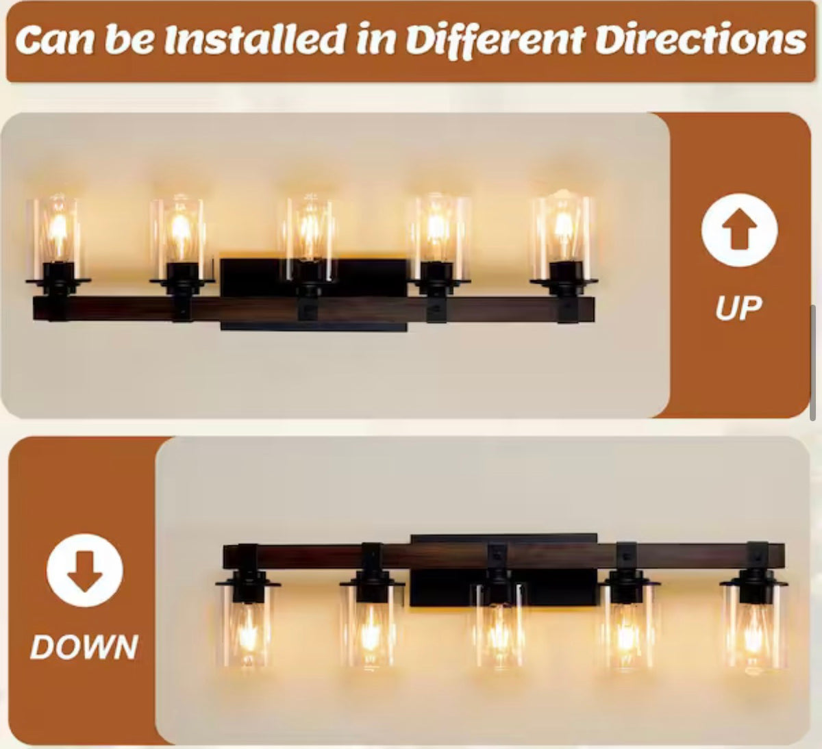 5-Light Walnut and Black Bathroom Vanity Light