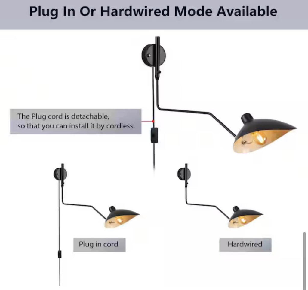 Modern 9.8 in. 1-Light Plug in Wall Sconces with Black Swing Arm Shade
