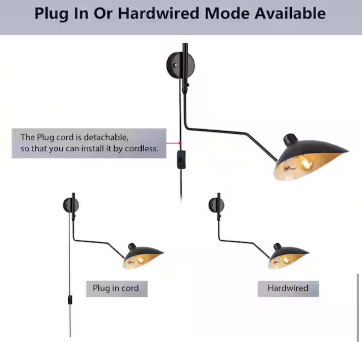Modern 9.8 in. 1-Light Plug in Wall Sconces with Black Swing Arm Shade