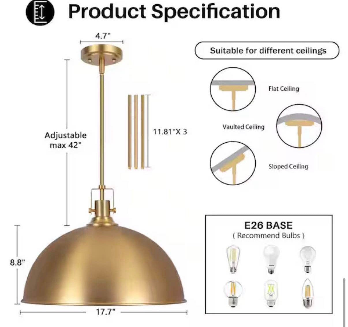 Brushed Gold Single Pendant Light for Kitchen Island