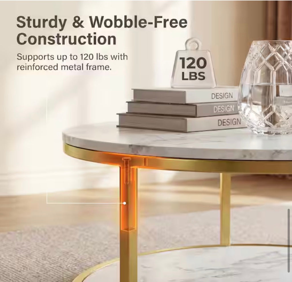 36 in. Black/White/Brown Round Wood Coffee Table with 2-Tier