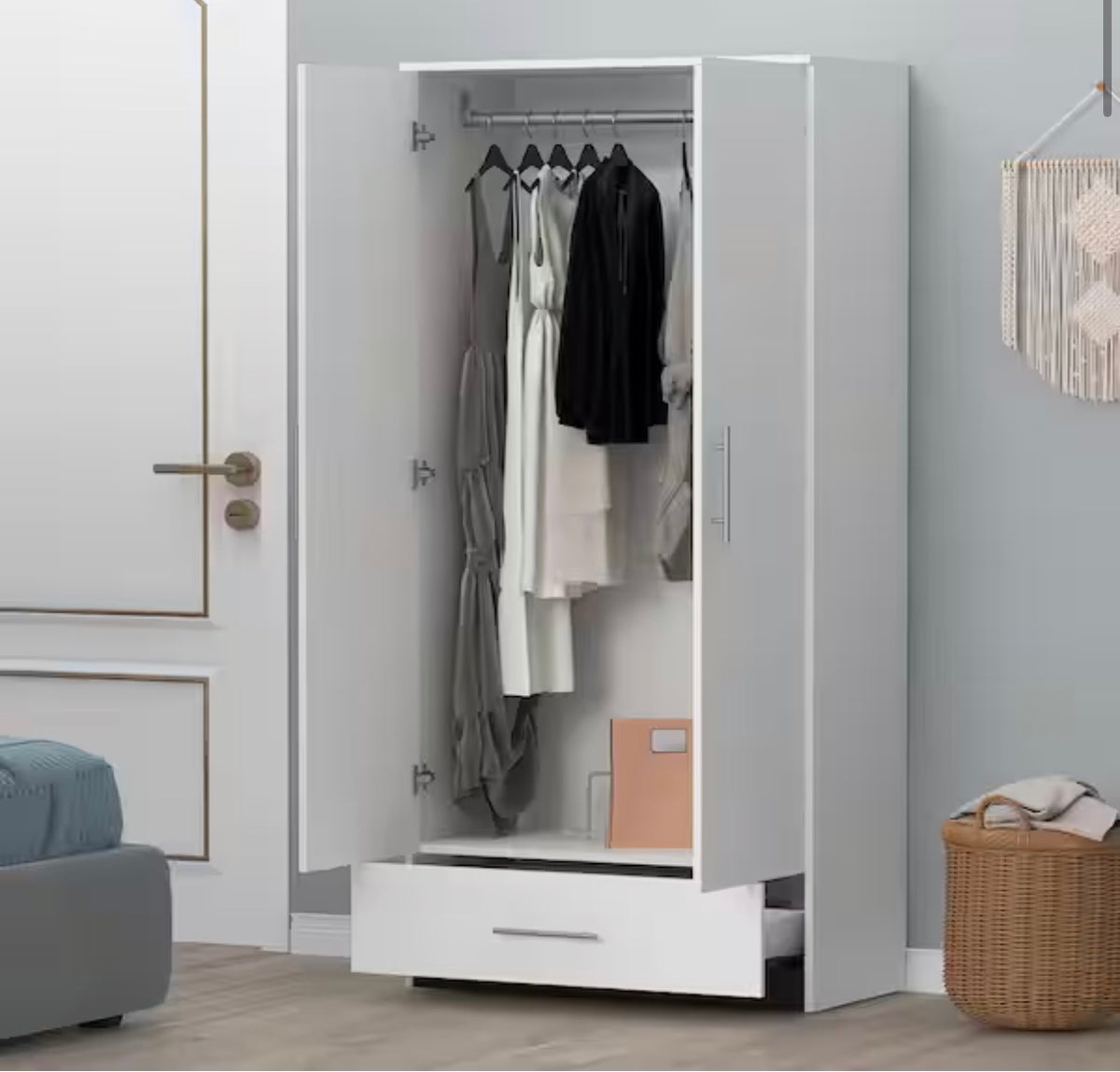 White 2-Door Wardrobe Armoire with 1-Drawers and Hanging Rod