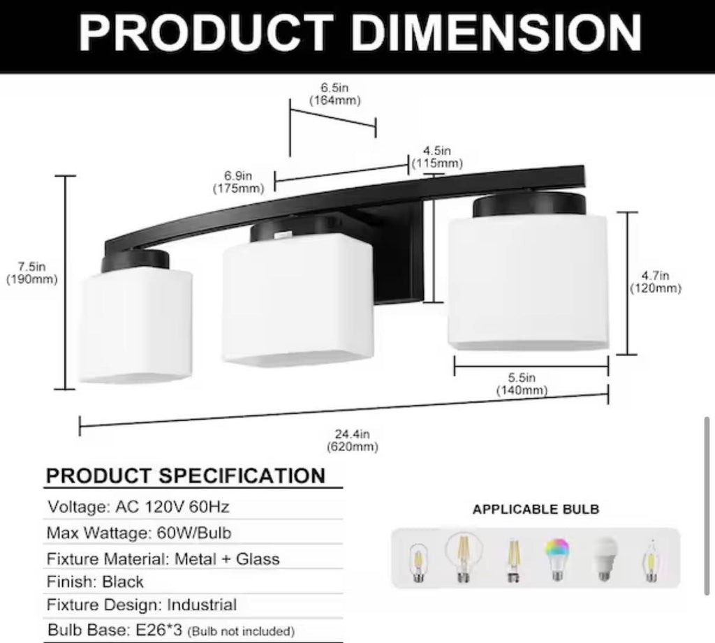 24 in. 3 Light Vanity Light with Curved Arms
