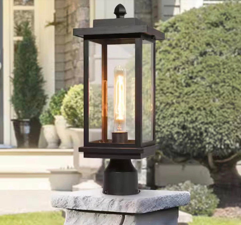 1-Light Matte Black Post Light with Clear Glass Shade