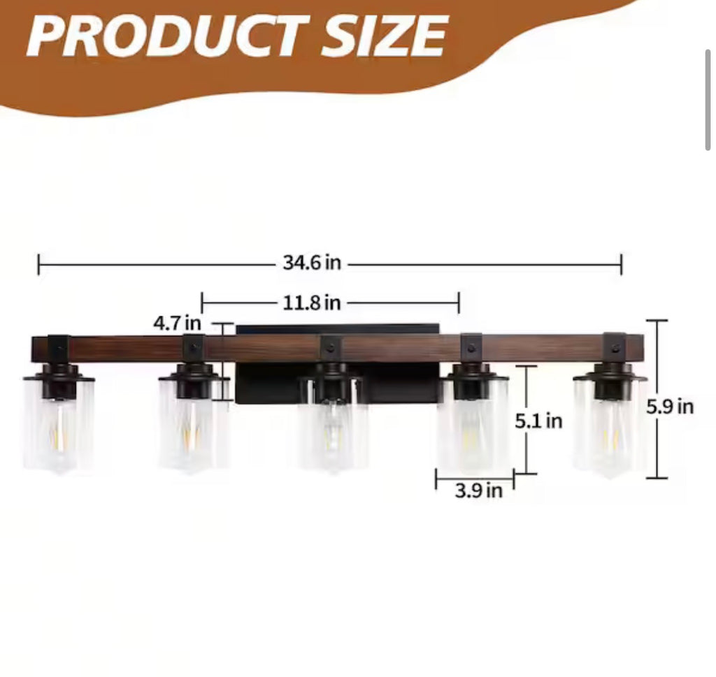 5-Light Walnut and Black Bathroom Vanity Light