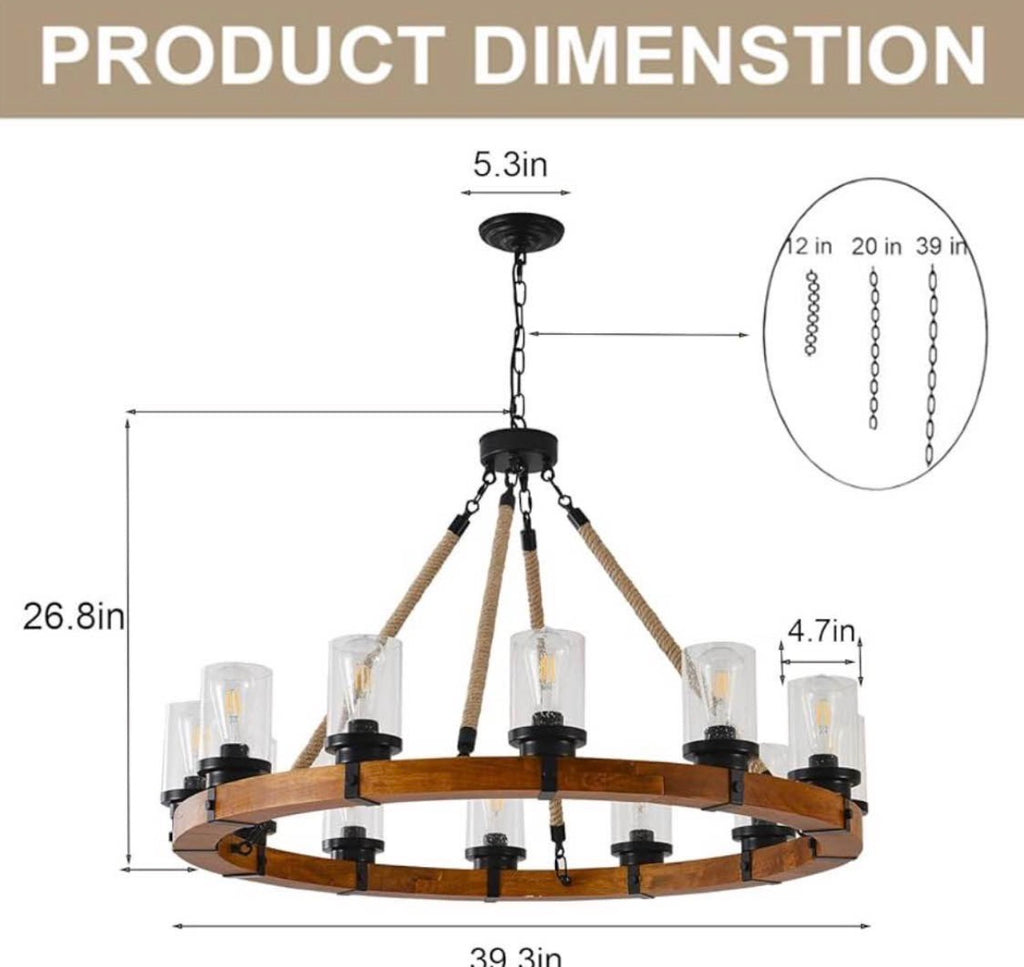 Rustic 12 Light Wagon Wheel Chandelier