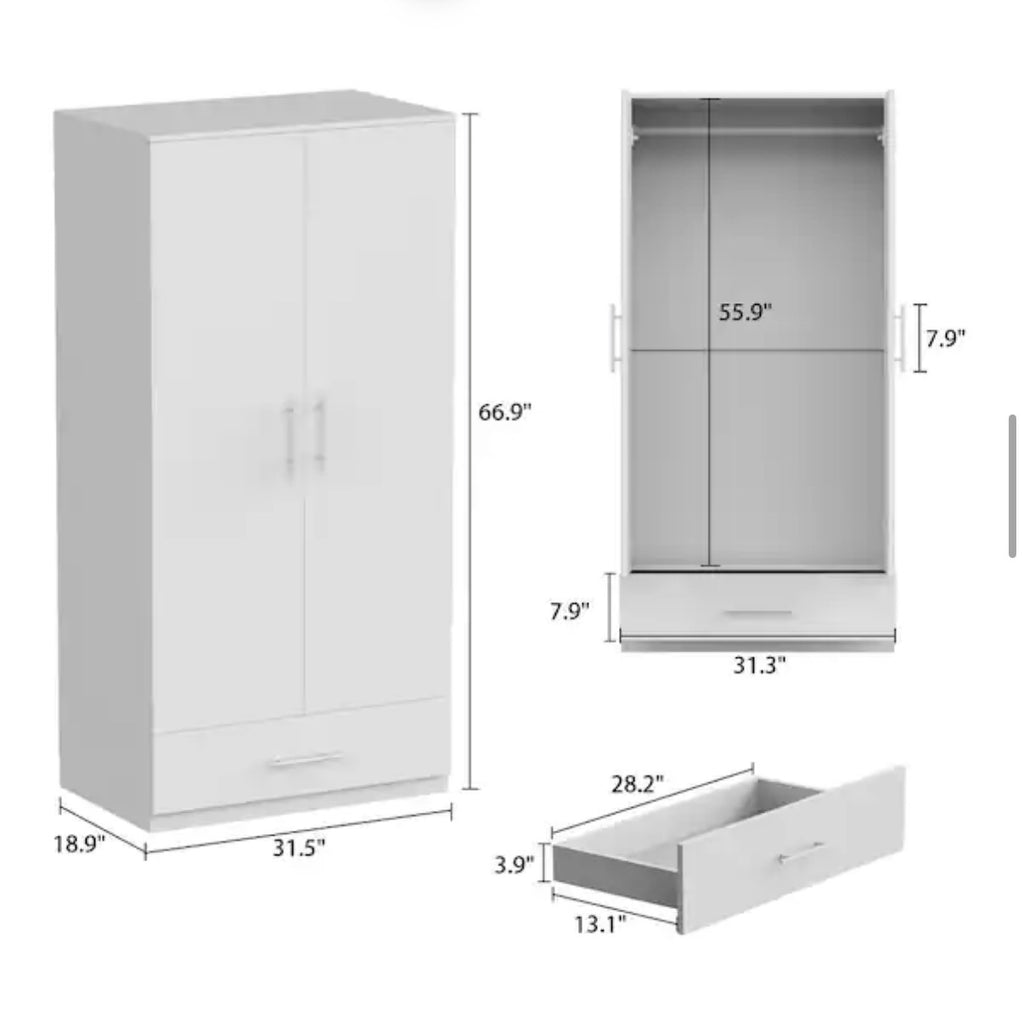 White 2-Door Wardrobe Armoire with 1-Drawers and Hanging Rod