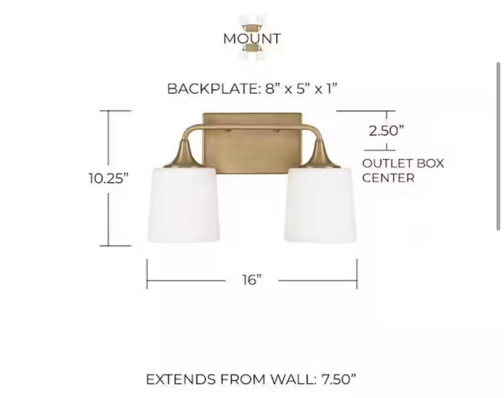 2-Light Vanity Light in Aged Brass with Soft White Glass