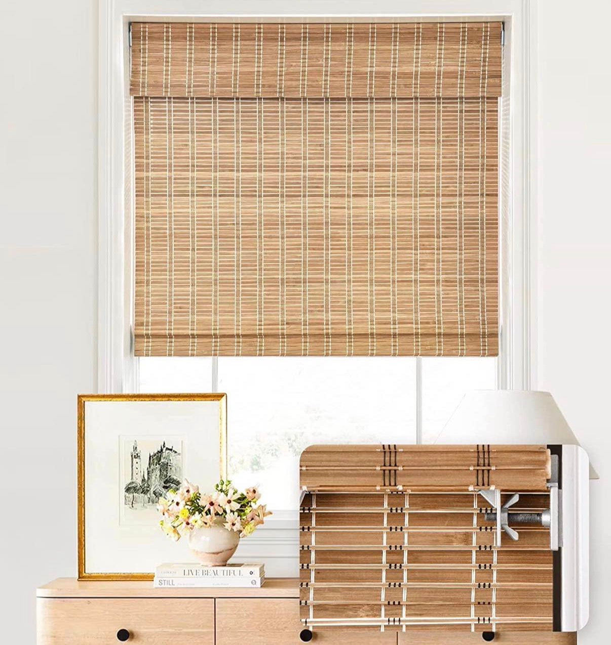 No Tools No Drill Cordless Bamboo Roman Shades