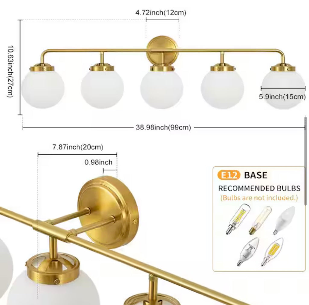 Modern 5-Light Gold Vanity Light with White Glass Globes