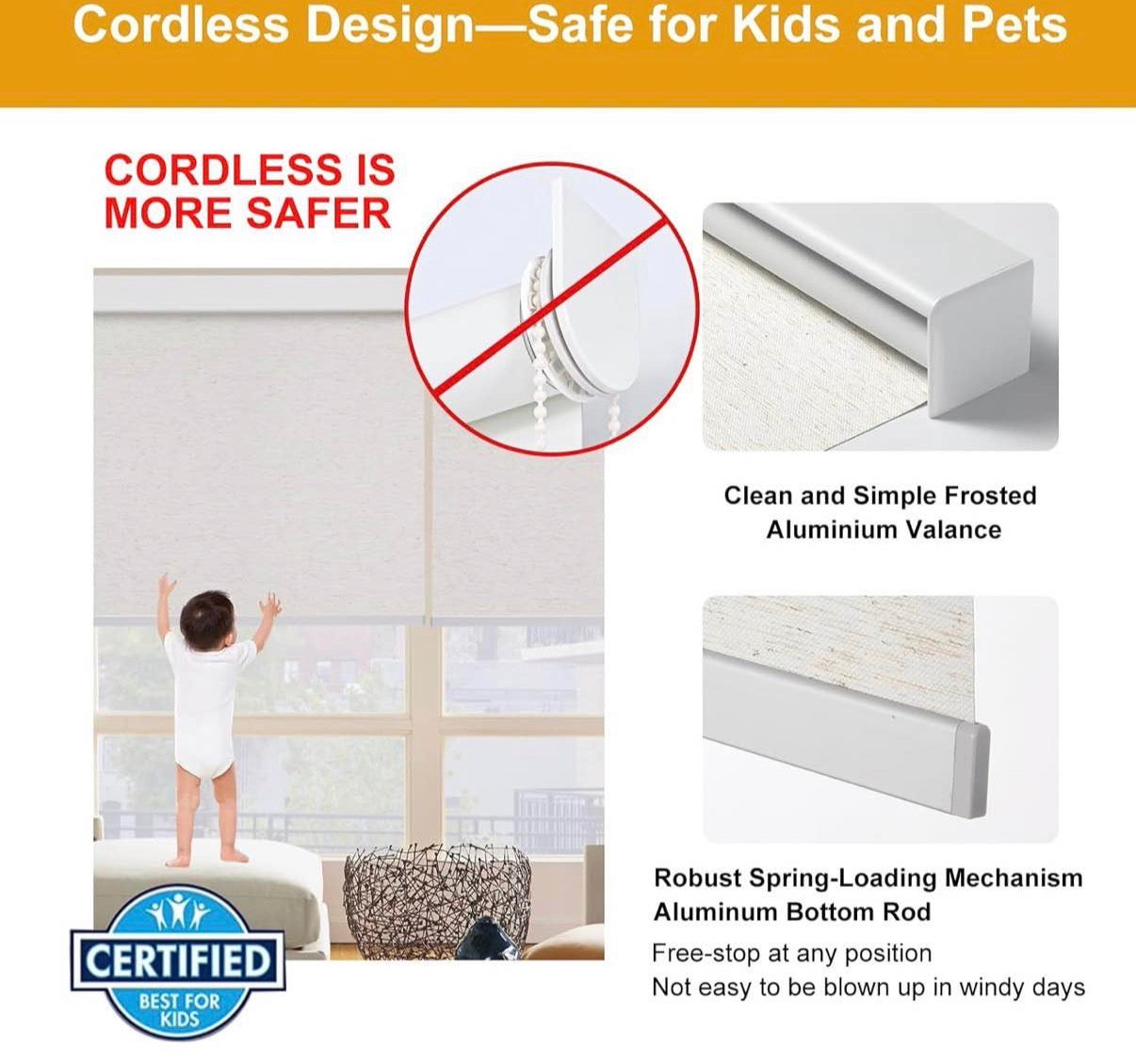 34.5" W x 64" H Free-Stop Cordless 100% Blackout Roller Blinds