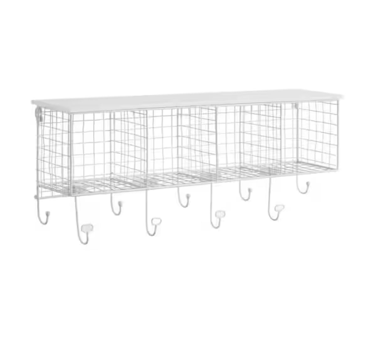 Decorah White Metal 4-Cubby Wall Shelf with 9 Hooks