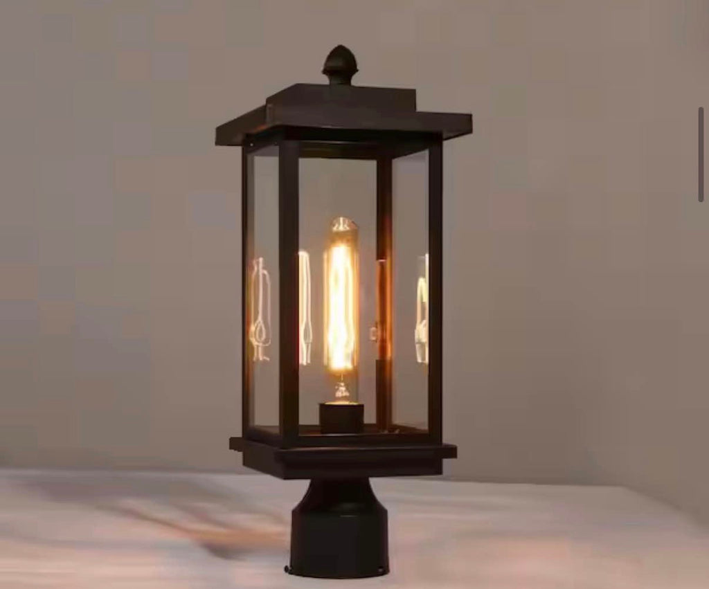 1-Light Matte Black Post Light with Clear Glass Shade