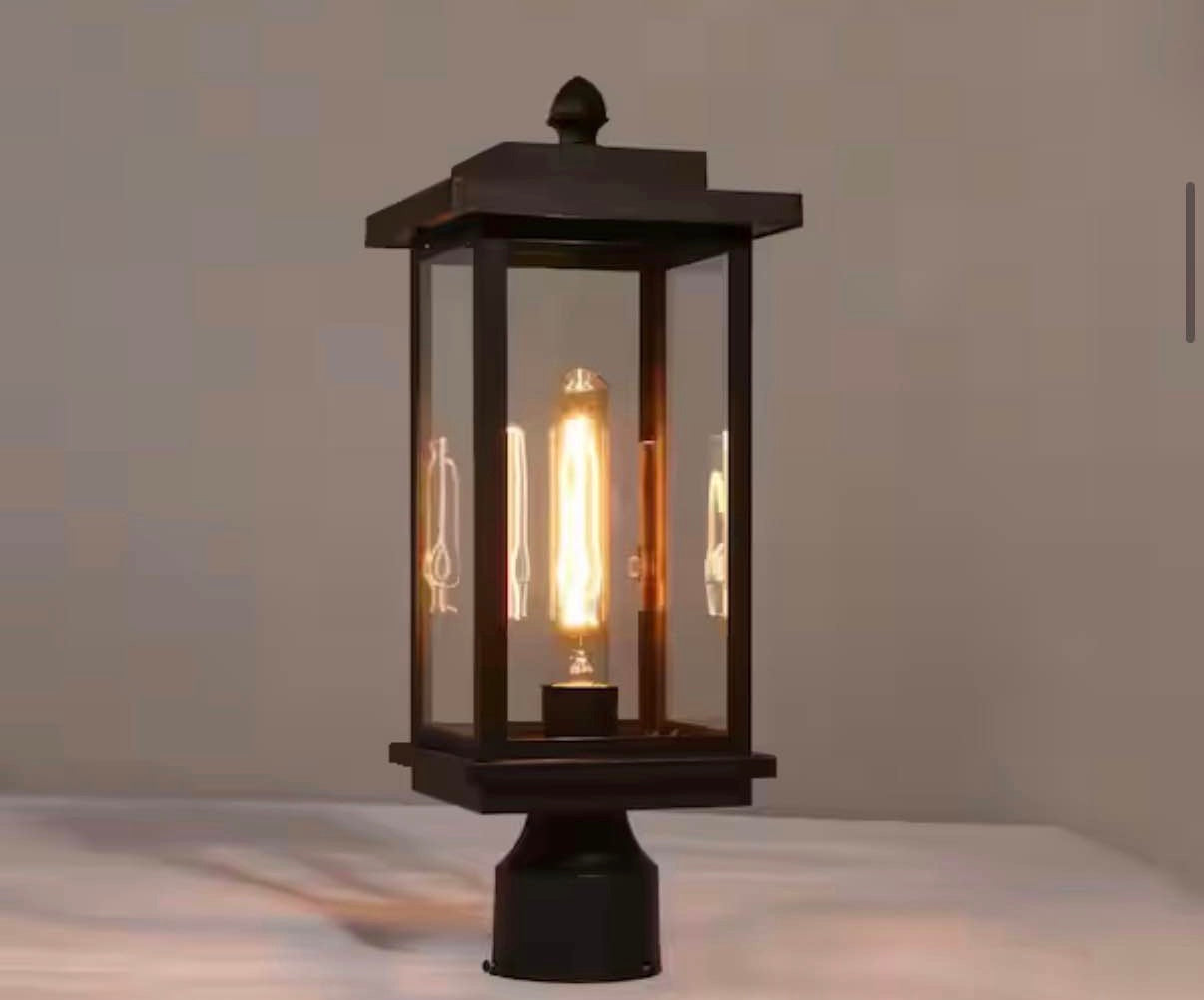 1-Light Matte Black Post Light with Clear Glass Shade